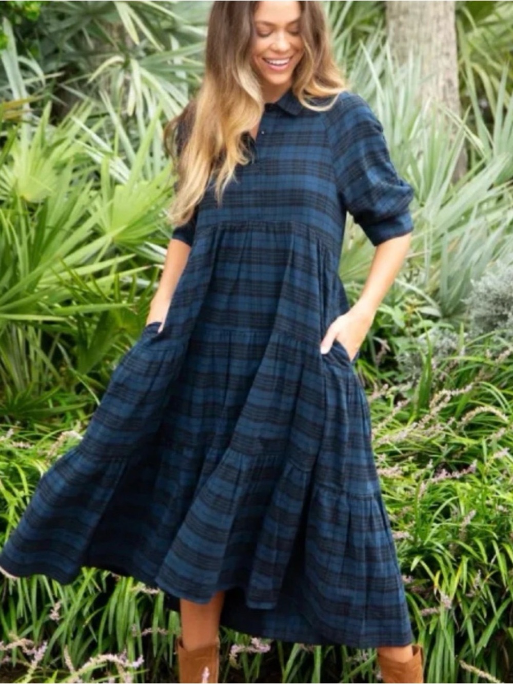Natural Life Navy Plaid Tiered Maxi Dress – Size Large